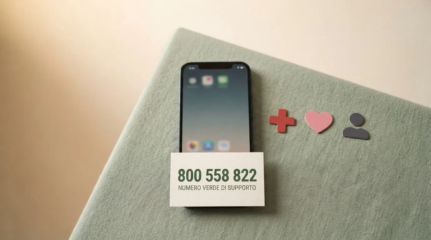 La cornetta di un telefono con il numero 800 558 822 e icone di supporto (croce, cuore, persona)