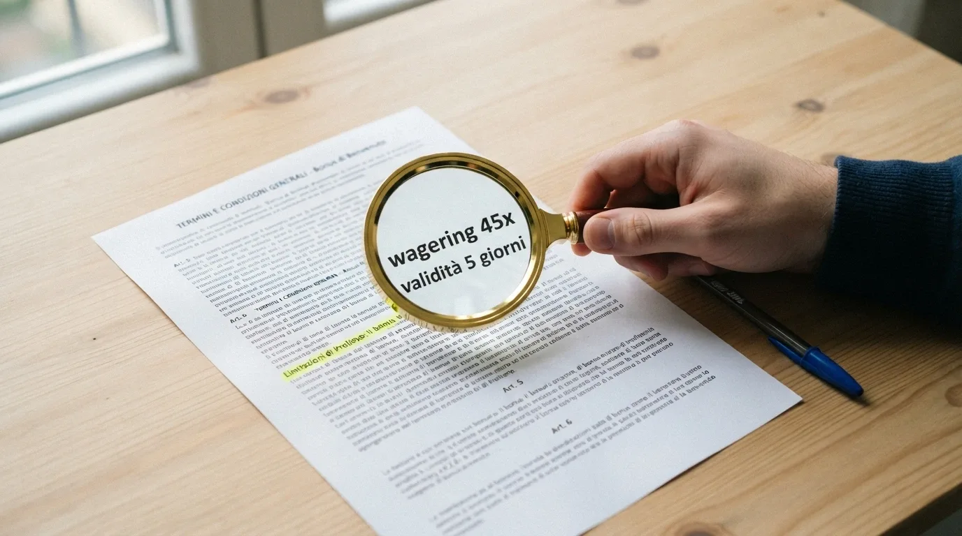 Un contratto con clausole in evidenza sotto una lente di ingrandimento — si leggono «wagering 45x», «validità 5 giorni», «cashout massimo €50»