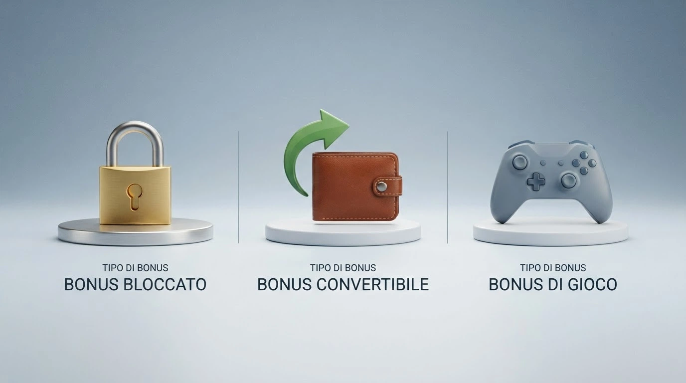 Tre colonne affiancate con icone diverse: un lucchetto (Fun Bonus), una freccia verso un portafoglio (Real Bonus), un controller (Play Bonus)
