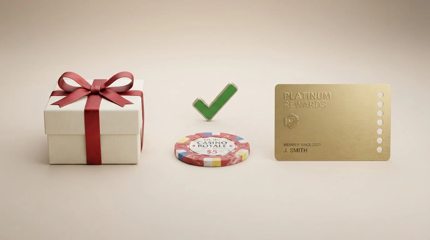 Tre icone affiancate: un pacchetto regalo chiuso (Fun Bonus), una banconota con un segno di spunta (Real Bonus) e una carta fedeltà dorata con punti (punti fedeltà)