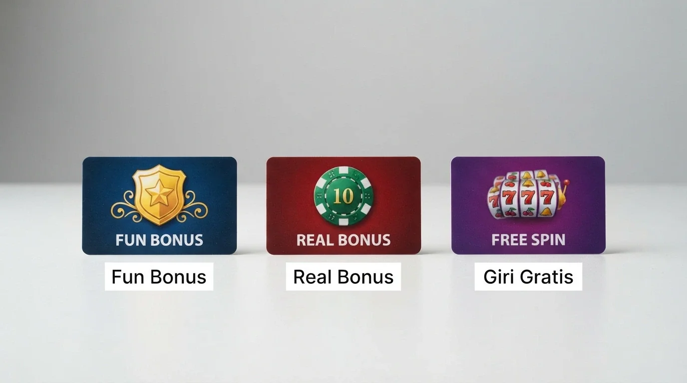 Tre riquadri affiancati che mostrano Fun Bonus, Real Bonus e Free Spin con i rispettivi simboli e condizioni