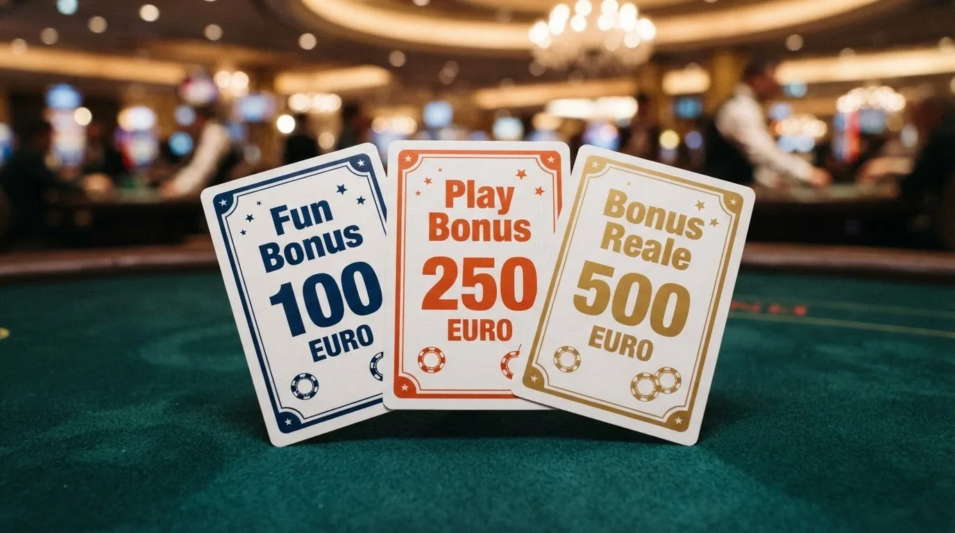 Tre carte da gioco affiancate con le etichette Fun Bonus, Play Bonus e Bonus Reale, ciascuna con un valore diverso in evidenza