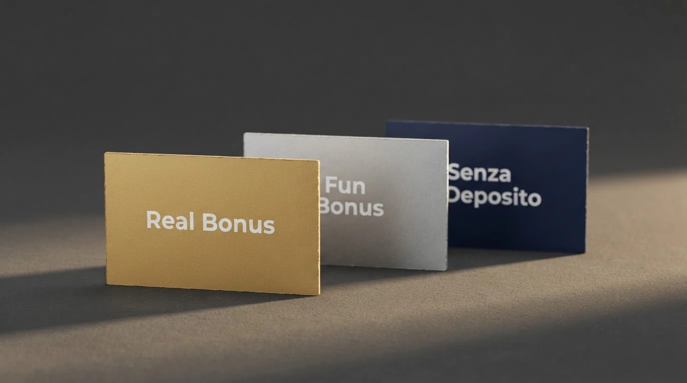 Tre carte impilate con diciture diverse — «Real Bonus», «Fun Bonus», «Senza Deposito» — illuminate da una luce laterale
