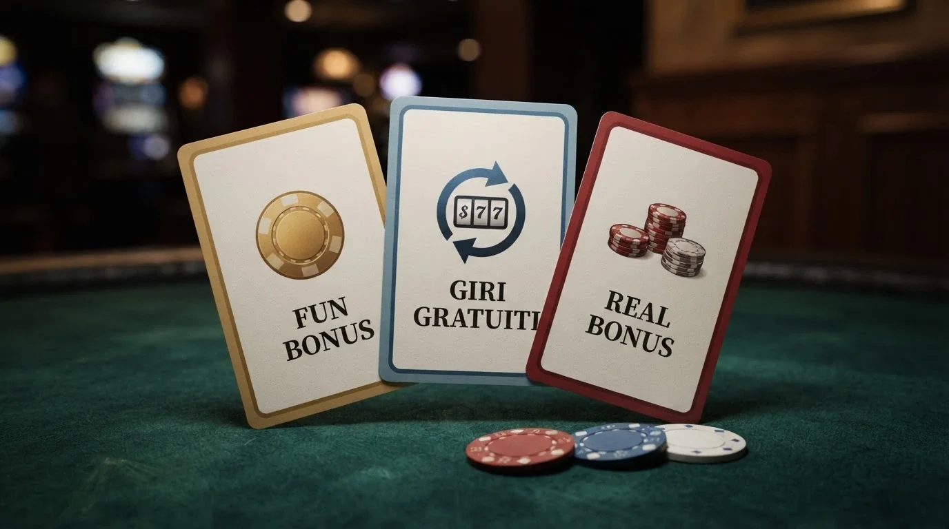 Tre carte da gioco disposte a ventaglio con le etichette «Fun Bonus», «Giri Gratuiti» e «Real Bonus», ciascuna con un'icona diversa