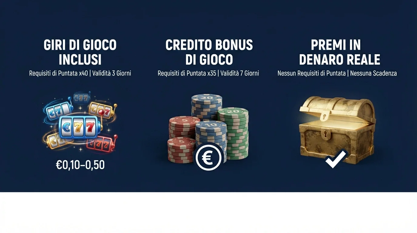 Una schermata comparativa che mostra tre tipi di bonus senza deposito — free spin, credito gratuito e Salva il Bottino — con accanto le rispettive condizioni di wagering e validità