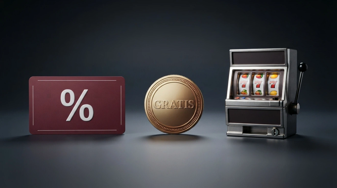 Tre icone stilizzate affiancate su sfondo scuro: un biglietto con il simbolo percentuale (codice ricarica), una moneta con la scritta «gratis» (bonus gratis) e una slot machine con tre rulli in rotazione (free spin).