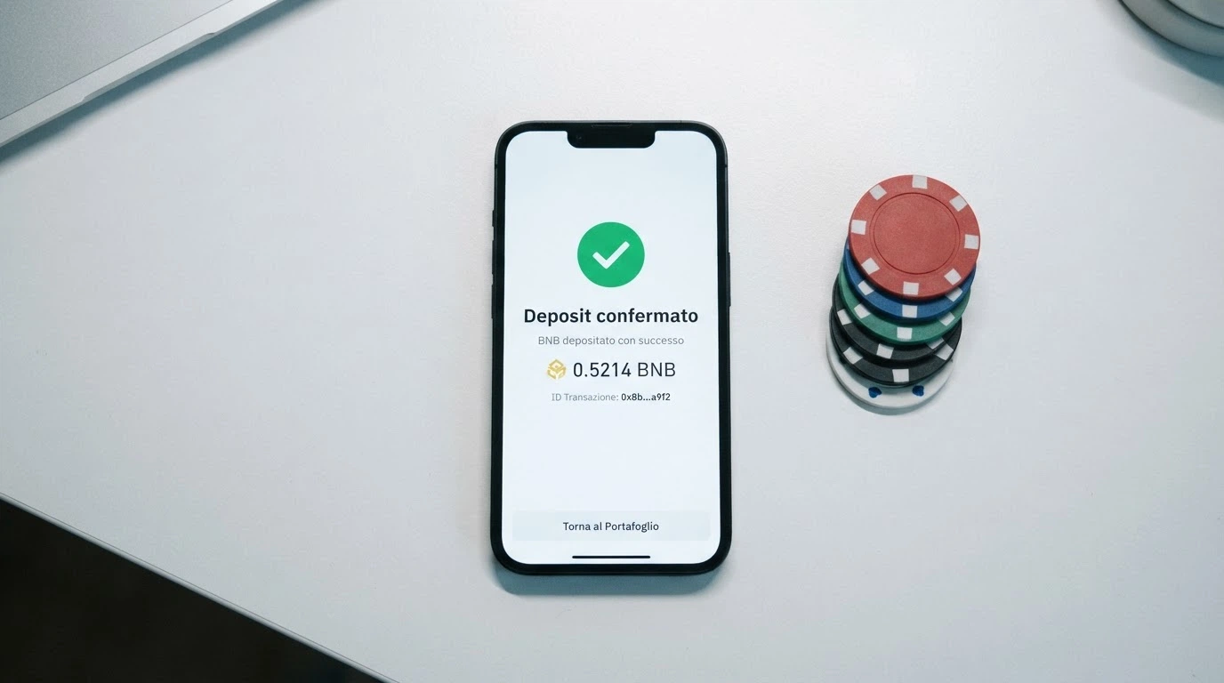 Uno smartphone che mostra un'interfaccia di wallet crypto con il logo BNB e la scritta «Deposit confirmed» accanto a un casinò online