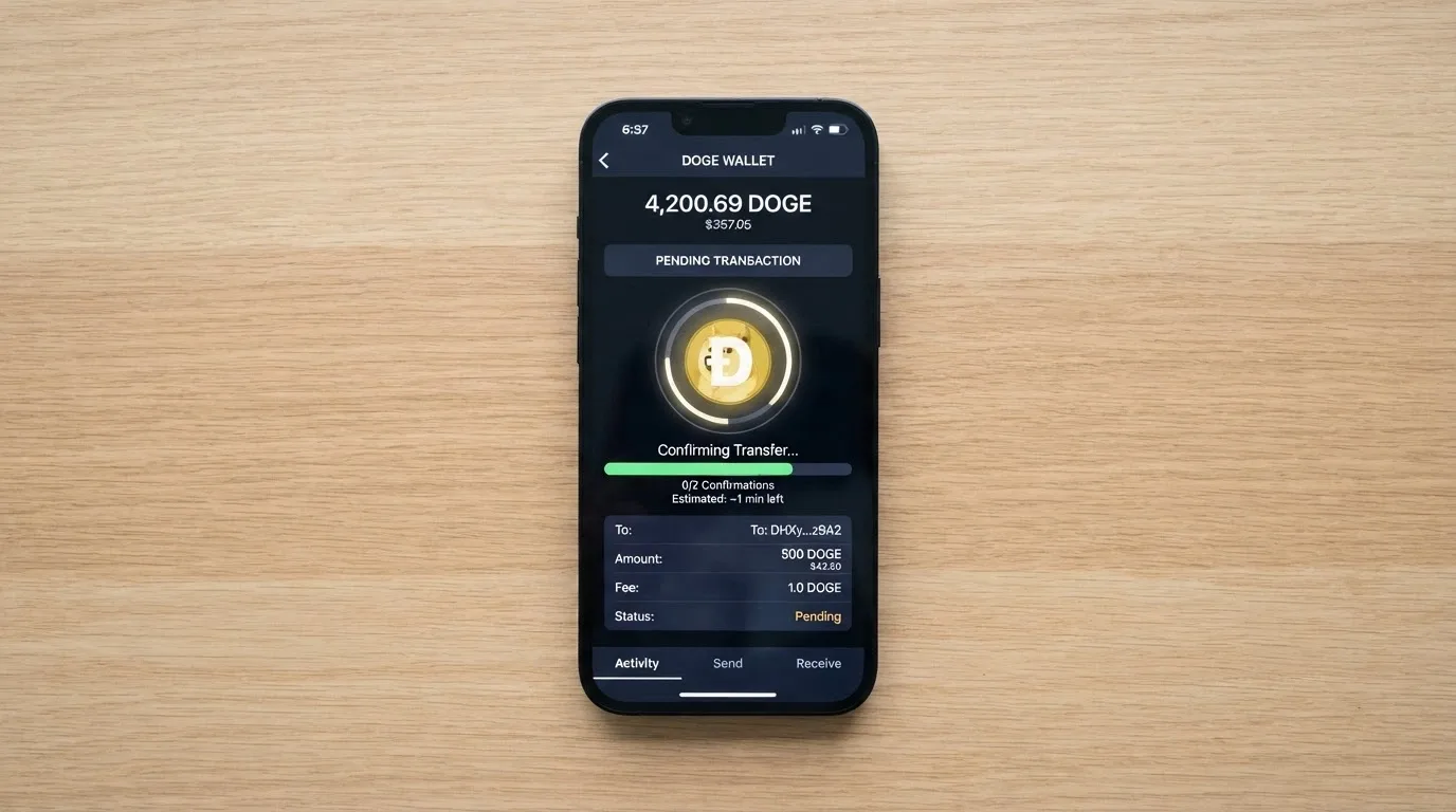 Un wallet crypto aperto sullo schermo di un telefono con una transazione DOGE in corso