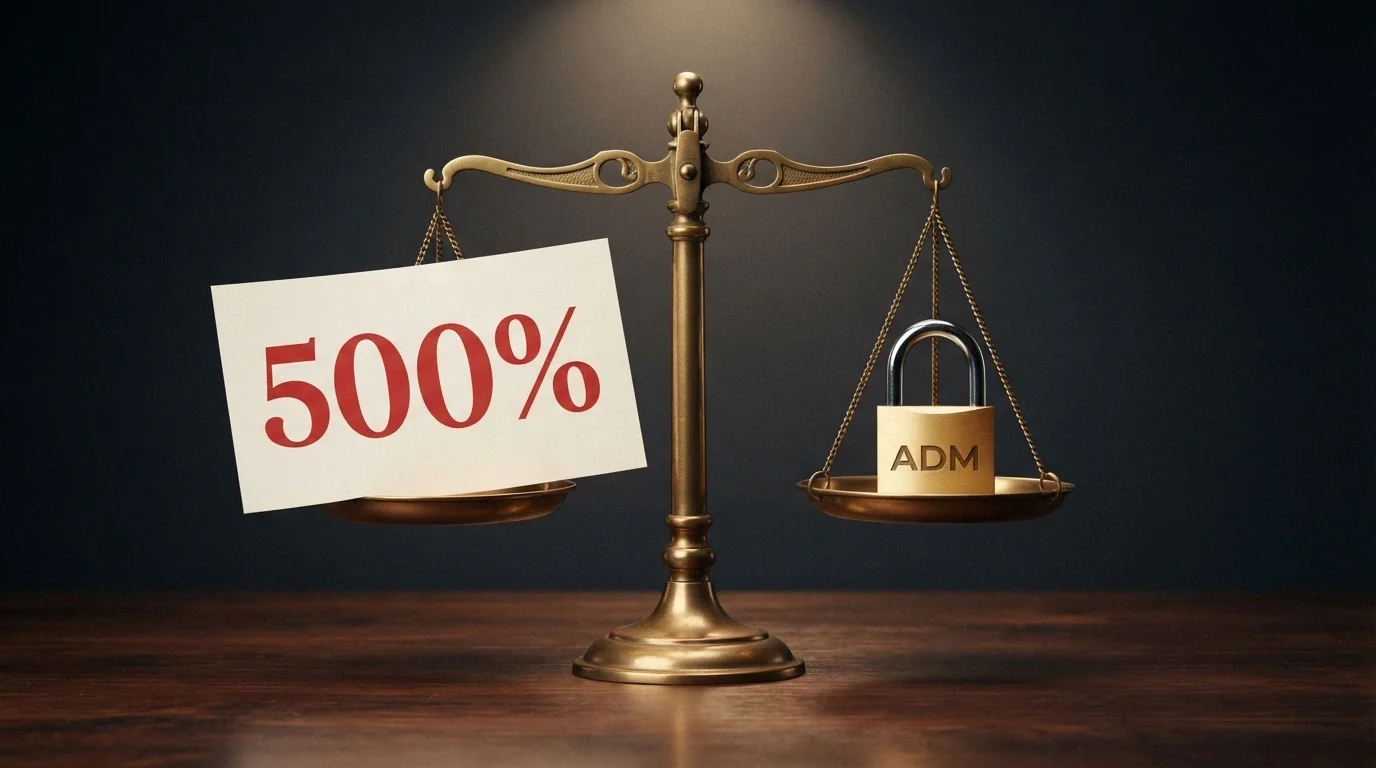 Una bilancia con da un lato una percentuale «500%» e dall'altro un lucchetto con la scritta «ADM»