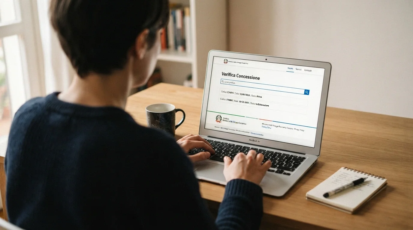 Il portale adm.gov.it aperto su un browser con il campo di ricerca «verifica concessione» e una lente puntata sul numero di licenza di un casinò