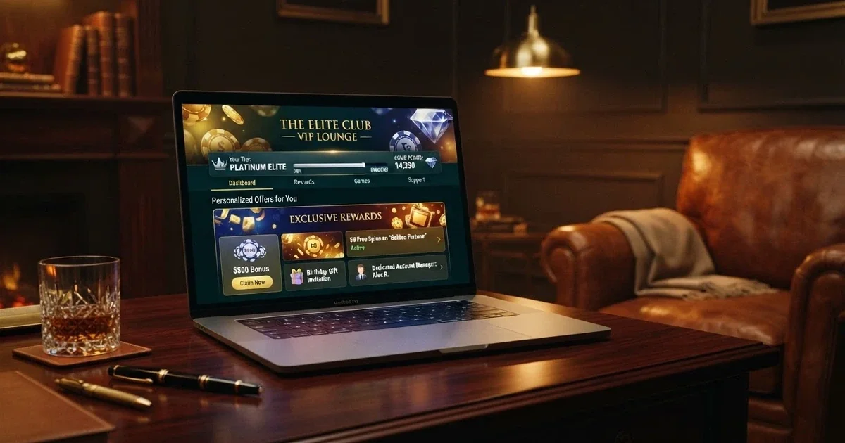 Un tavolo da gioco in un casinò online con Interfaccia VIP, poltrona in pelle e luci soffuse, sullo schermo di un laptop